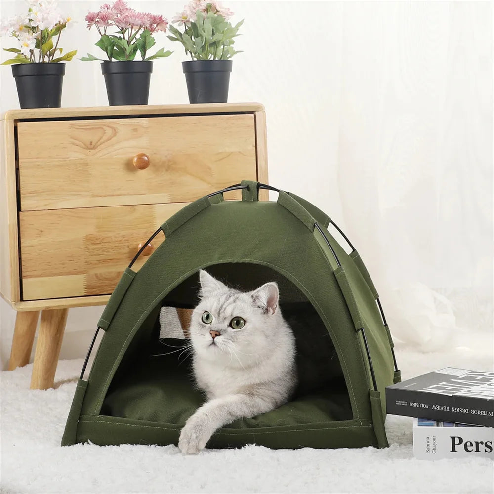 Foldable Semi-Closed Pet Nest Tent for Cats & Small Dogs — Breathable Fleece Bed with Removable Washable Pad, Anti-Slip Bottom, 3 Sizes (S/M/L)