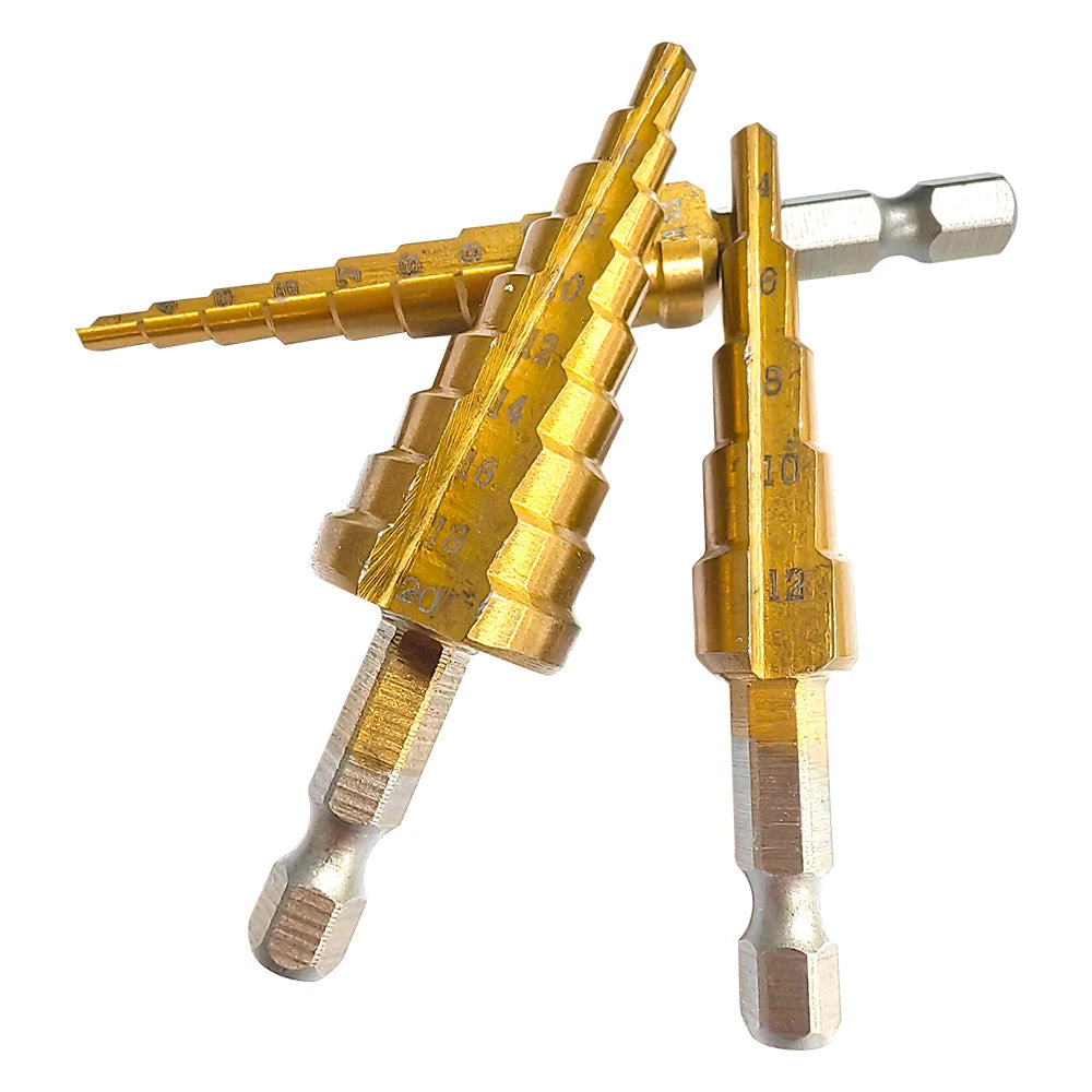 Ti-Plated Hex-Shank Step Drill Bit Set — 3–12mm (0.12–0.47in), 4–12mm (0.16–0.47in), 4–20mm (0.16–0.79in) — 3-Piece