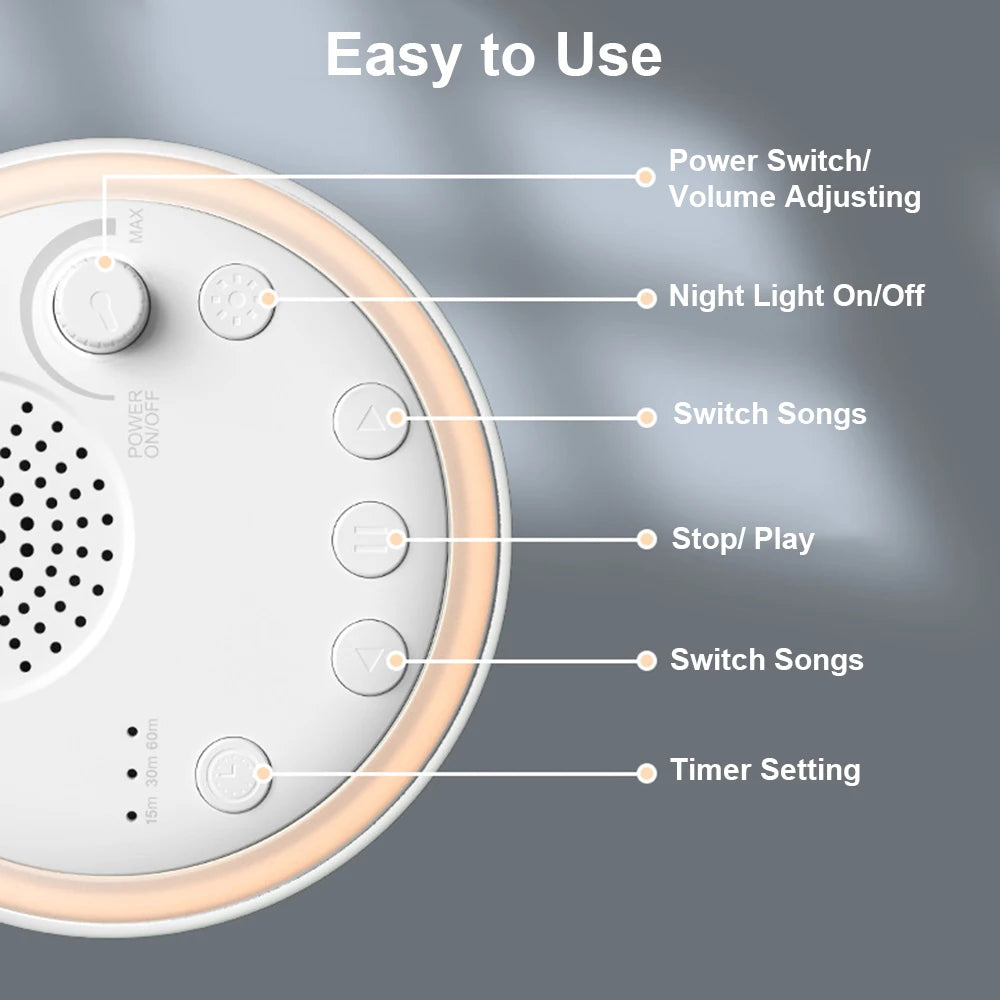 White Noise Machine for Baby — Mini Sleep Sound Machine with Night Light, 16 Soothing Sounds, 15/30/60min Timer, USB-C Rechargeable