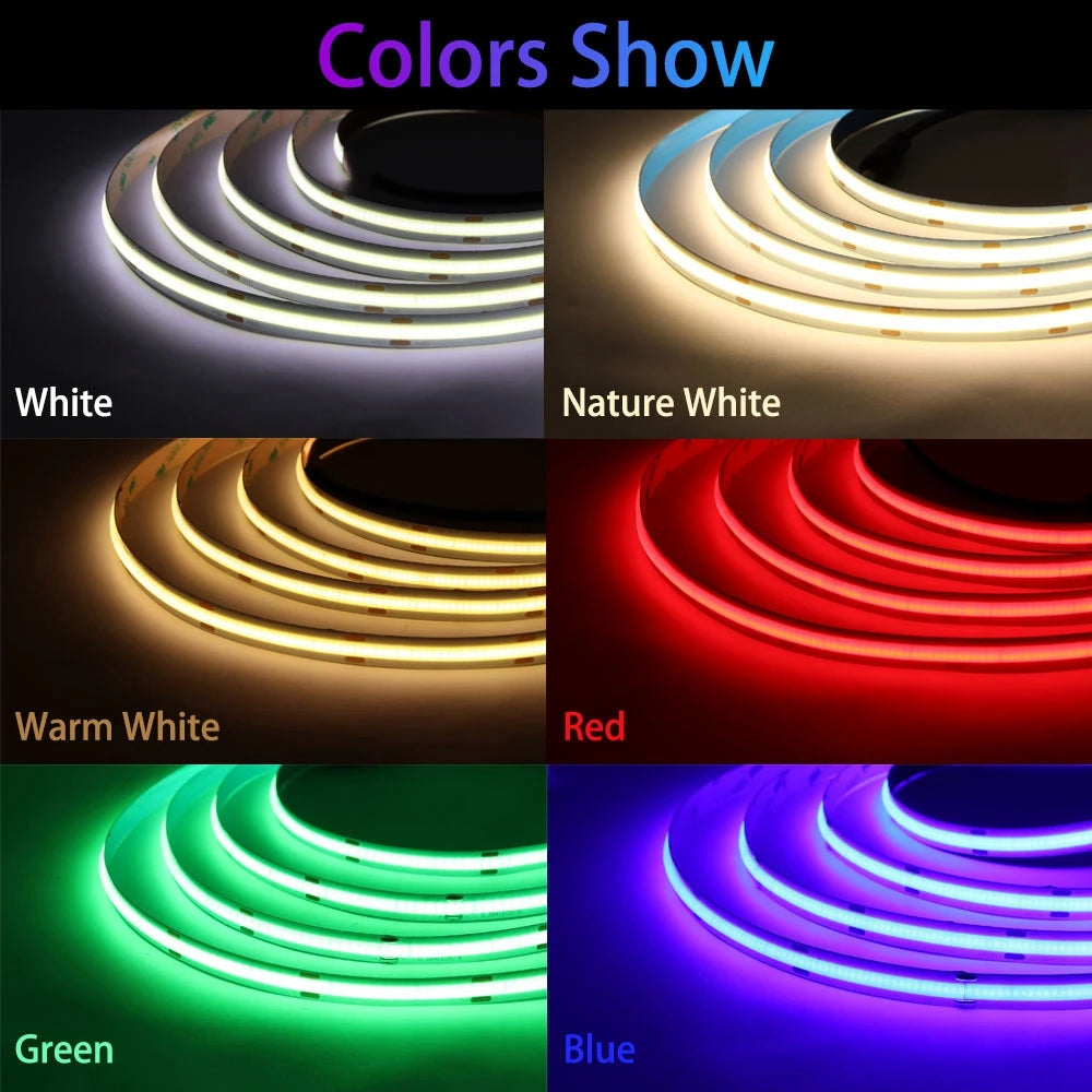 COB LED Strip Light High-Density 480/528 LEDs/m Flexible 8mm/10mm Tape Warm/Natural/Cool White + RGB DC12/24V