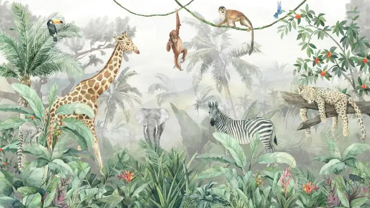 Custom Watercolor Jungle Animal Peel-and-Stick Wall Mural - Giraffe Elephant Zebra Nursery & Kids Wallpaper