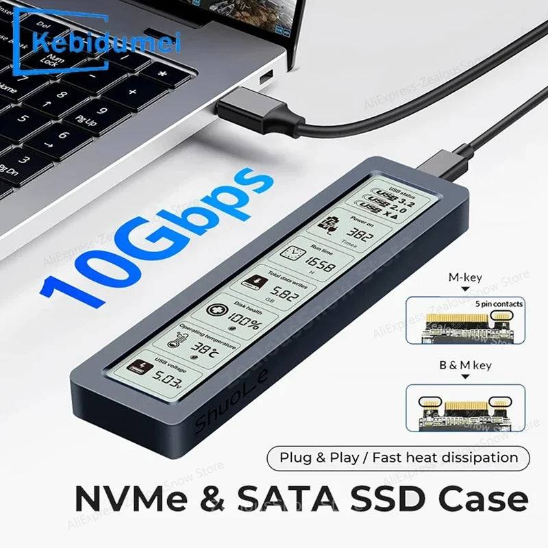 M.2 NVMe SATA Dual-Protocol SSD Enclosure with HD Display USB 3.2 Gen2 Type-C 10Gbps