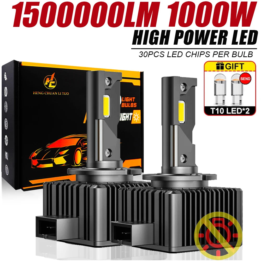 LED Canbus Headlight Bulbs Pair for D1S D1R D2S D2R D3S D3R D4S D4R D8S 6000K 1000W 1,500,000LM 12V/24V
