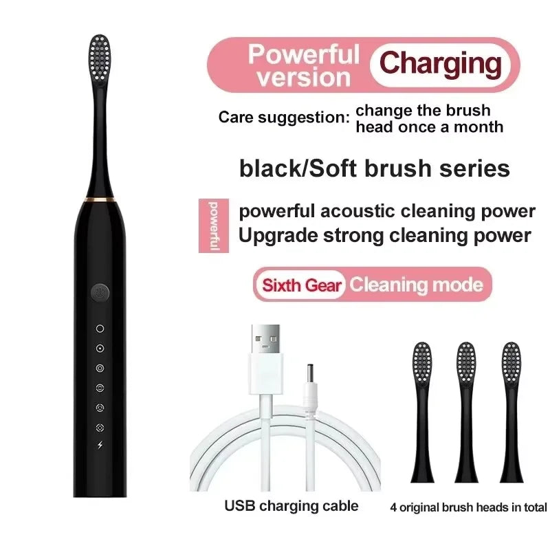 Ultrasonic Electric Toothbrush, 6-Speed USB Rechargeable, Waterproof with Soft Bristles for Adults