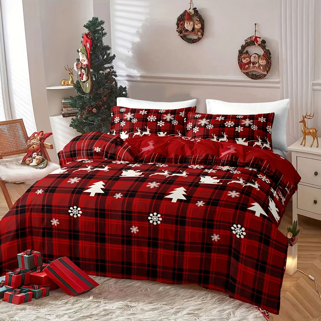 3-Piece Christmas Duvet Cover Set – Checkered Elk & Snowflake Print, Soft Breathable Hypoallergenic Polyester, Machine Washable