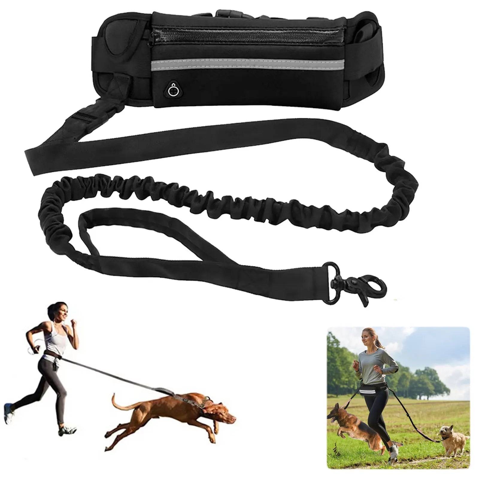 Hands-Free Reflective Retractable Dog Leash with Waist Bag 8M (26ft) Adjustable 27–55in Elastic Belt for Running & Walking