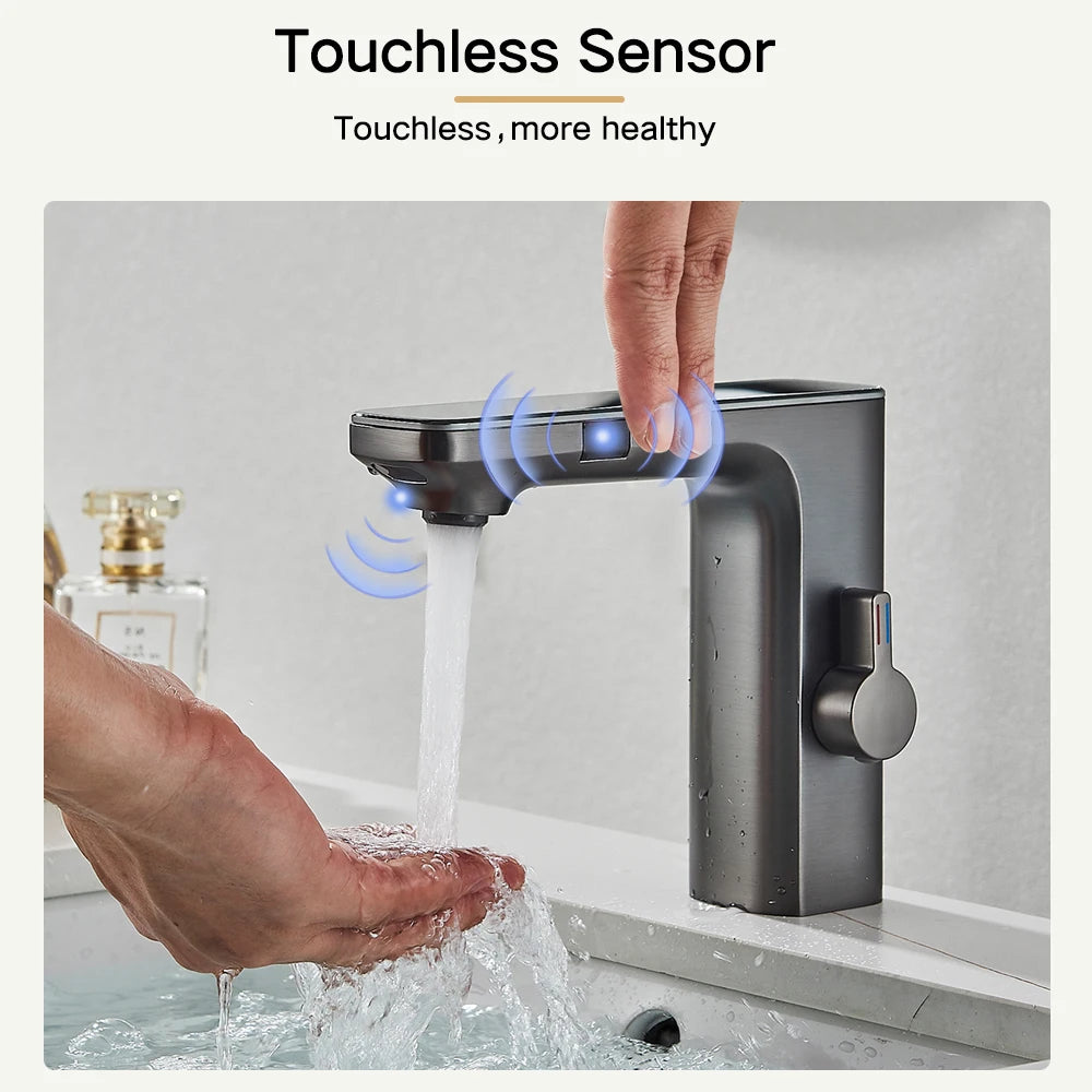 Touchless Sensor Basin Faucet with Digital Display – Brushed Grey Brass Bathroom Sink Mixer Tap, Single Hole Single-Handle, Hot & Cold
