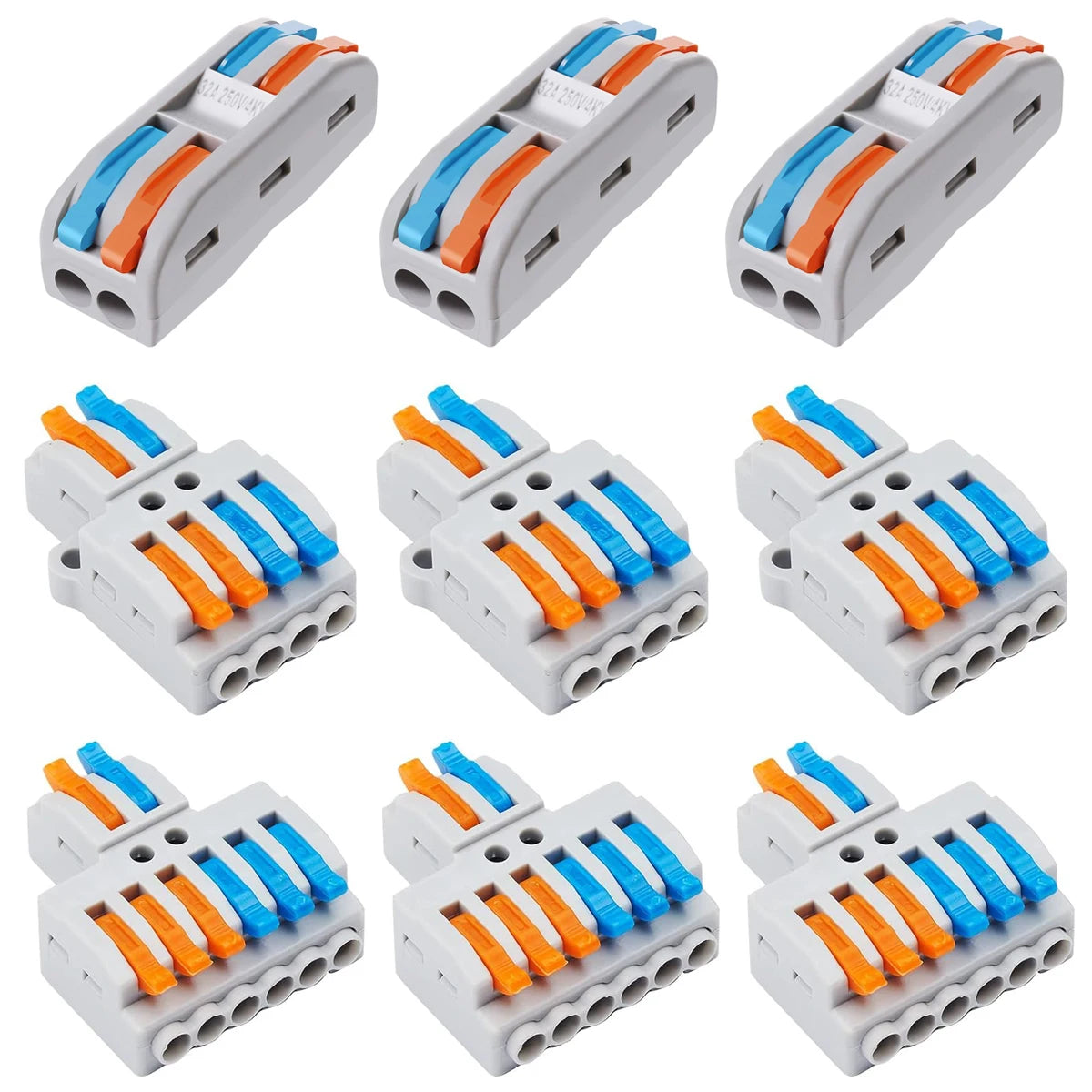 Various lever wire connectors arranged in a grid pattern