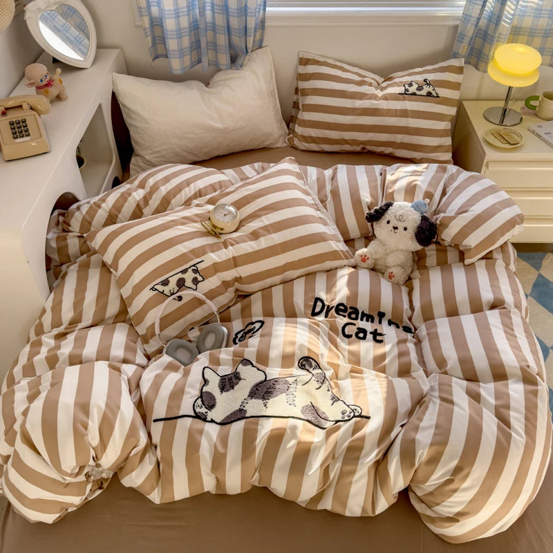Brown Striped Bedding Set - Duvet Cover, Flat Sheet & Pillowcases (Single/Twin/Full/Queen)