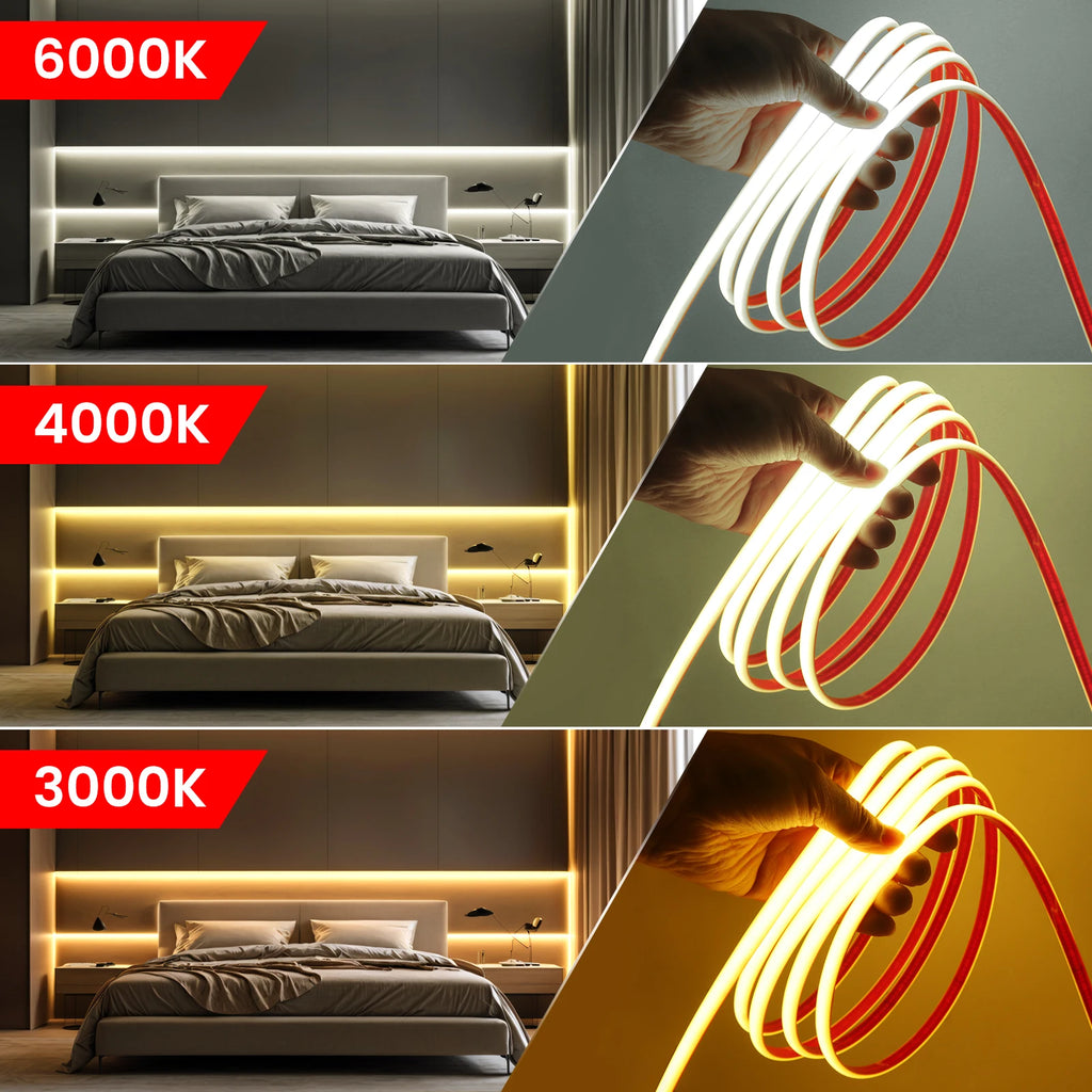 220V COB LED Strip Light 288 LEDs/m IP67 Dimmable with EU Plug & Switch - Flexible Adhesive Tape