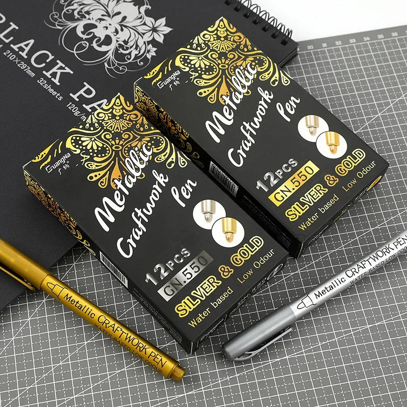 Metallic Brush Marker Pen (1 or 2-Pack) – Gold & Silver Permanent Metallic Ink for Crafts, Scrapbooking & Manga (14 cm / 5.5 in)