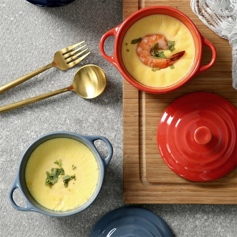 Porcelain Double-Handle Ceramic Bowl with Lid — Microwave & Steam Safe (13×7.5×9.8 cm | 5.12×2.95×3.86 in) for Steamed Eggs, Pudding & Soup