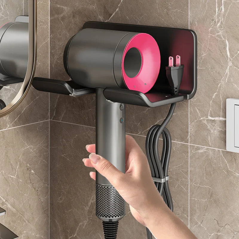 Hair Dryer & Straightener Holder - Wall-Mounted Nail-Free Aluminum Shelf for Bathroom Storage