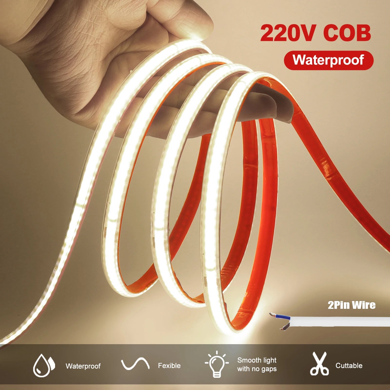 AC 220V COB LED Strip Light — 240 LEDs/m (73 LEDs/ft) IP65 Waterproof, 3000K/4000K/6000K, 10 cm (3.94 in) Cuttable Self-Adhesive Flexible Tape