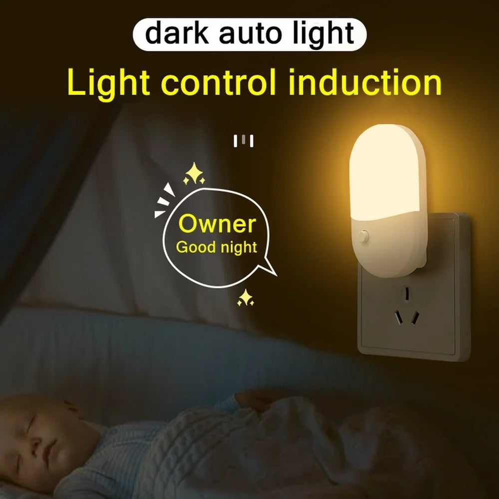 LED Plug-In Night Light with Auto Sensor (EU/US Plug) – Soft Warm Bedside Lamp for Bedroom, Kids, Hallway & Bathroom