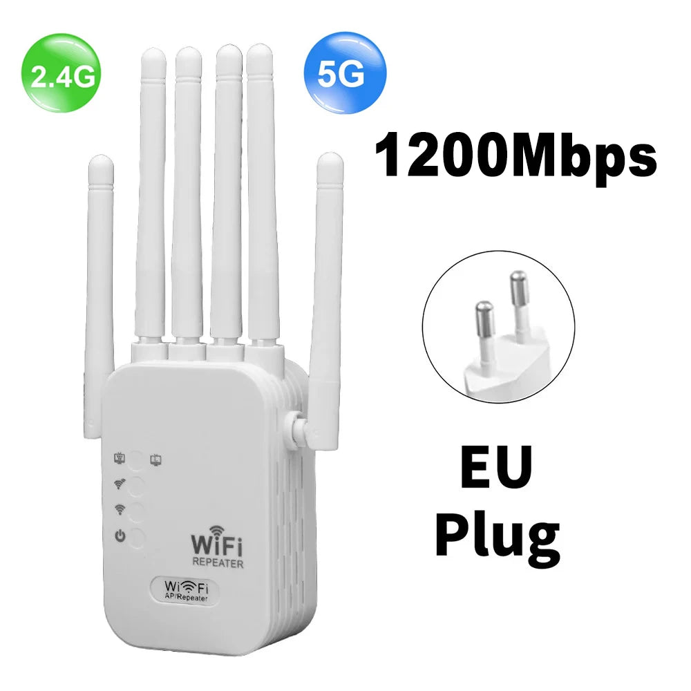 AC1200 Dual-Band WiFi Range Extender 1200Mbps (5GHz 867Mbps + 2.4GHz 300Mbps) 6 High-Gain Antennas Wireless Repeater & Signal Booster