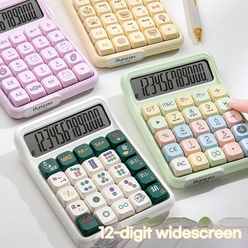 Cute 12-Digit Multifunctional Electronic Calculator with Mechanical Buttons, Battery-Powered for Home Office School Accounting