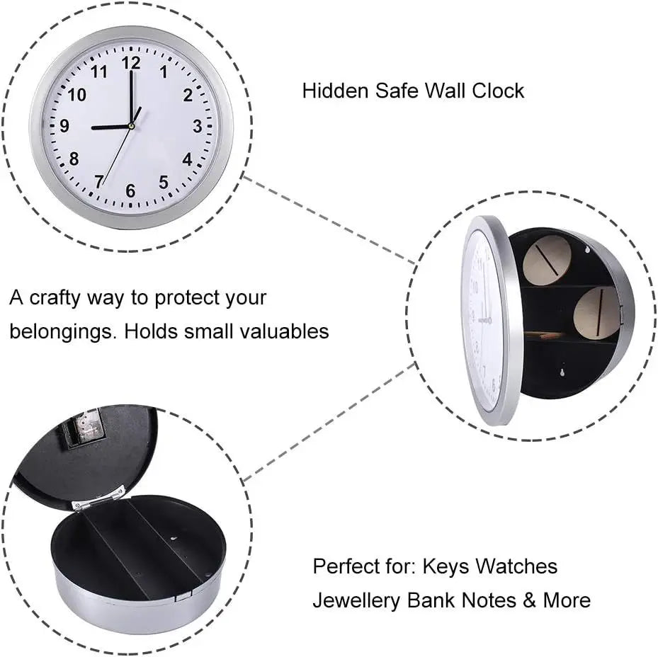 Hidden Safe Wall Clock 9.8 in (25 cm) - Secret Compartment Clock Safe for Cash, Jewelry & Keys - Silent Decorative Wall Clock