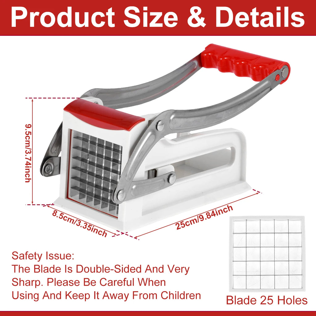 French Fry Cutter Stainless Steel Potato Chipper with 25 & 49-Hole Blades - Manual Vegetable Slicer with Suction Base