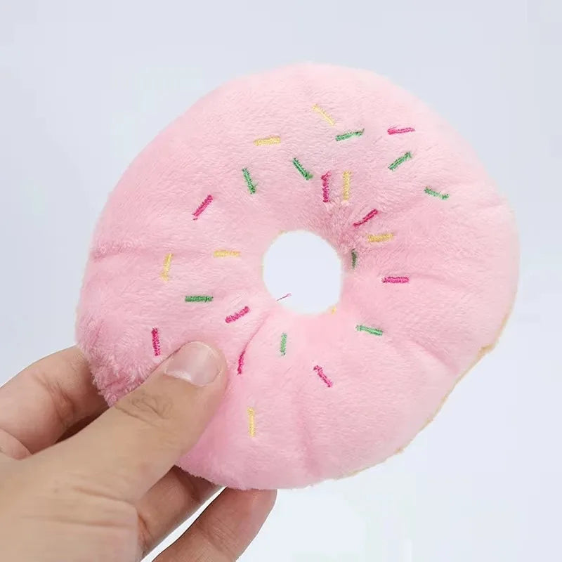 Plush Donut Chew Toy with Squeaker for Small & Medium Dogs - 4.3in (11 x 11 cm) Soft Fleece Puppy Toy
