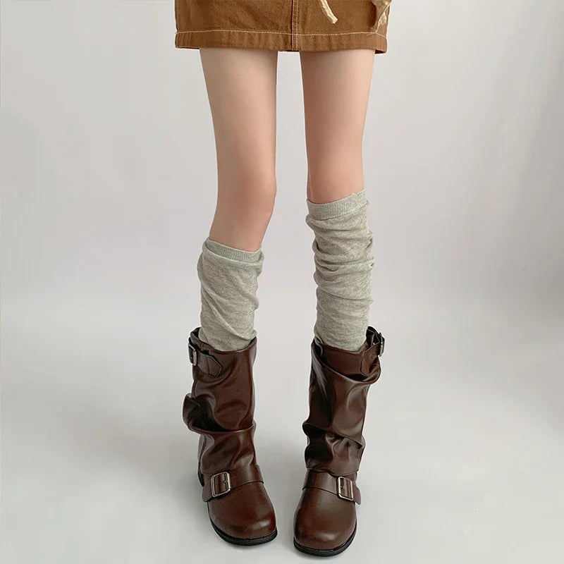 Women's Gray Knit Calf Leg Warmers - Cotton-Blend Ballet Pile Socks for Autumn
