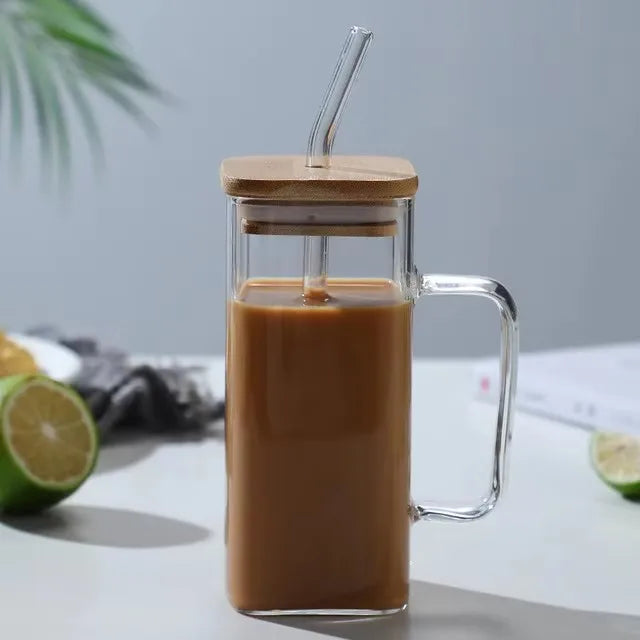 400ml (13.5 oz) Square Glass Mug with Lid and Straw — Microwave Safe Coffee, Milk & Party Drinkware