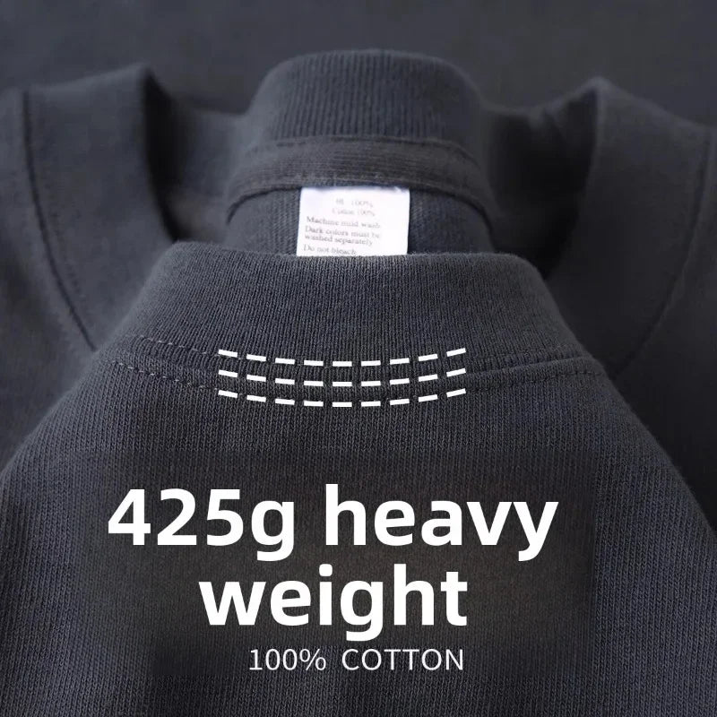 Men's Heavyweight Cotton T-Shirt 425g Breathable Half Sleeve Round Neck Basic Summer Tee