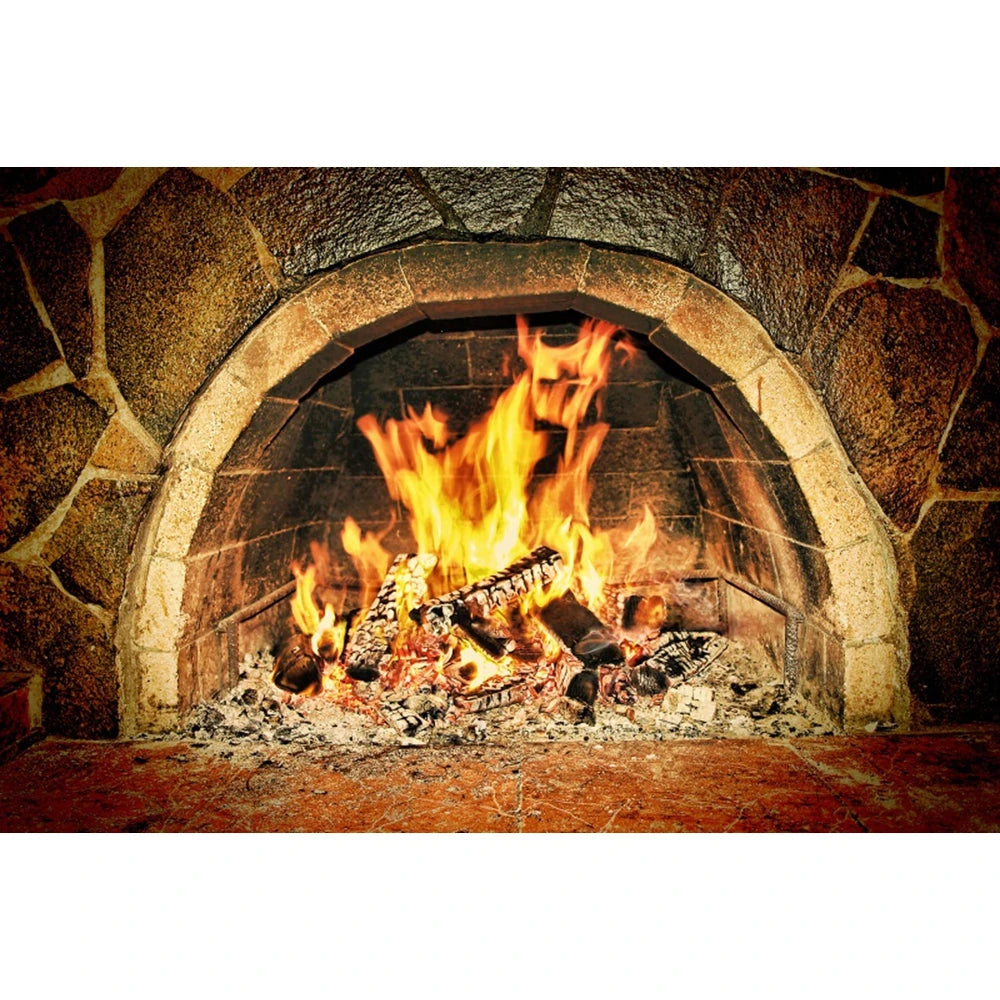 Christmas Fireplace Photography Backdrop - Burning Firewood Flame Brick Wall Photo Studio Background