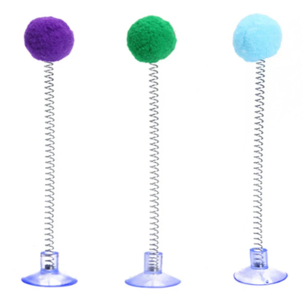 Interactive Cat Teaser Toy with Suction Cup — Fur Ball Spring Wand, Hands-Free Cat Toy (Random Color)