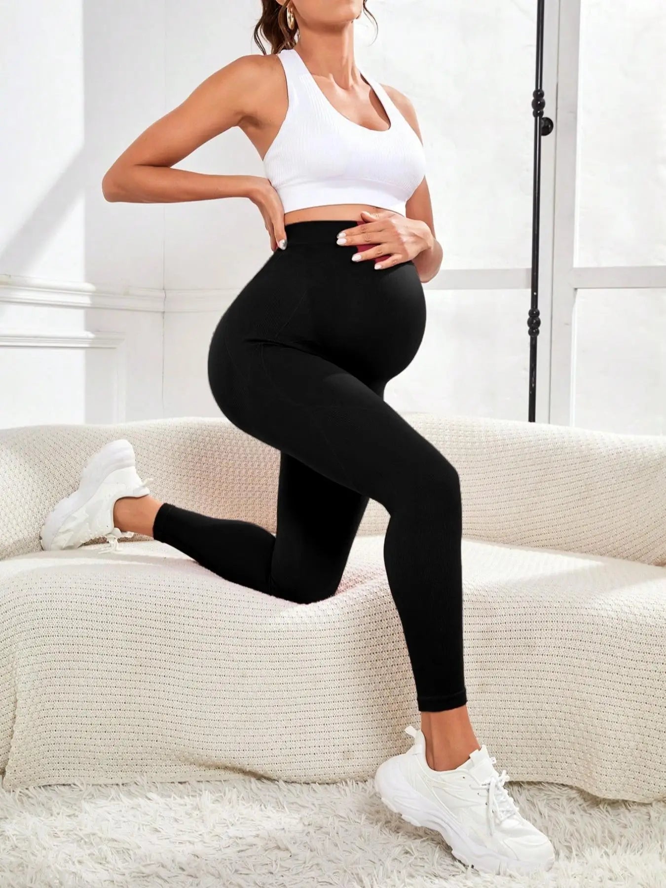 High-Waist Knitted Maternity Leggings with Belly Support