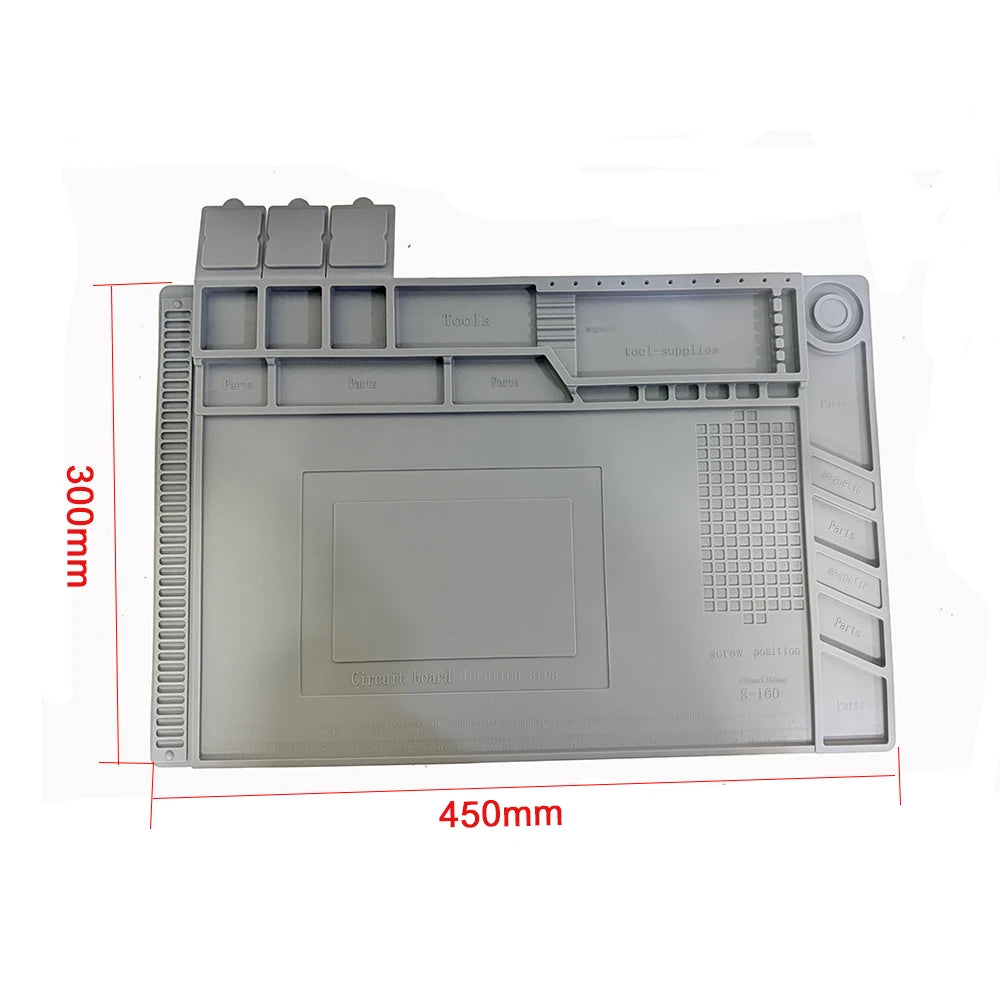 Silicone Soldering Mat 45 x 30 cm (17.7 x 11.8 in) Heat-Resistant Anti-Static Repair Mat with Built-In Ruler & Parts Boxes