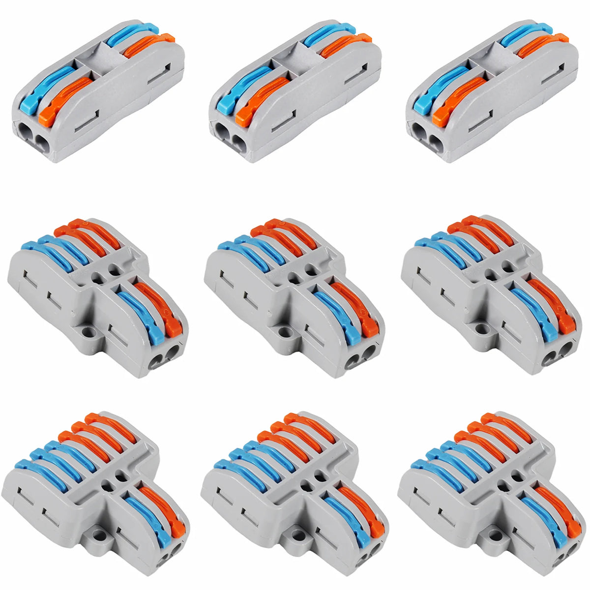 9-piece compact lever wire connector kit in gray with orange and blue levers