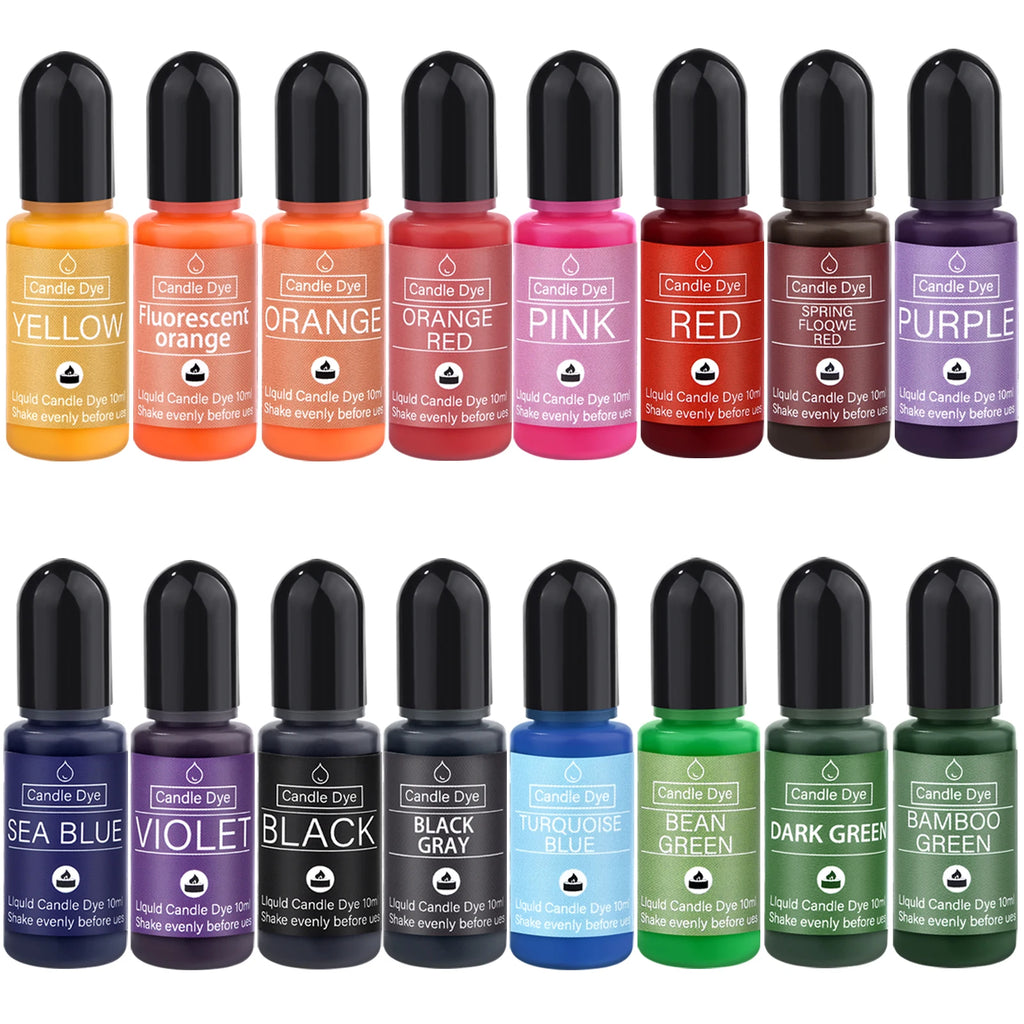 16-Color Liquid Candle Dye Set — 16 x 10ml (0.34 fl oz) Non-Toxic Soy Wax Pigments for Candle & Soap Making