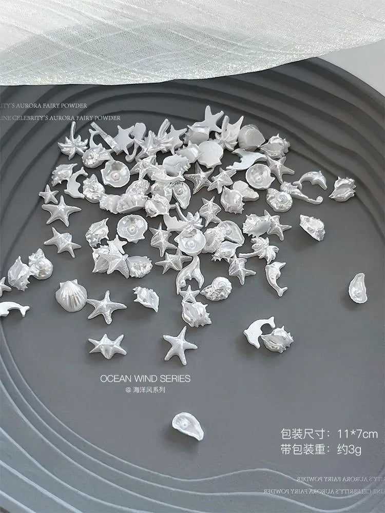 50pcs Summer Ocean 3D Nail Charms – Aurora Shell, Starfish & Fish Tail Nail Art Decorations