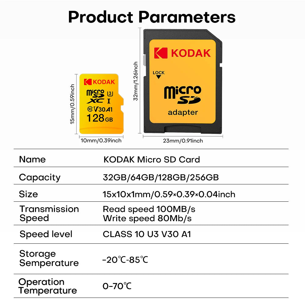 High-Speed microSDXC Memory Card U3 V30 Class 10 with SD Adapter — 32/64/128GB Up to 100MB/s