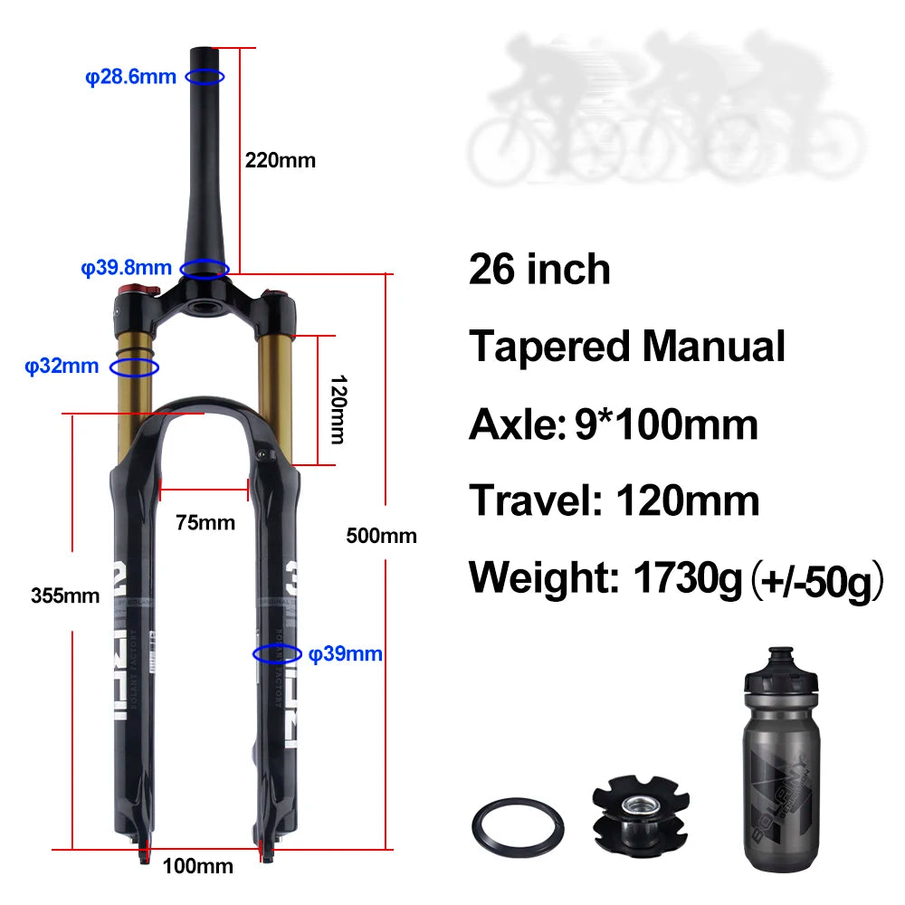 Mountain Bike Air Suspension Fork 26/27.5/29 Inch 100mm Travel (120mm Exposed) Air & Oil Damping Remote Lockout 9mm Axle 32mm Stanchions Disc Brake
