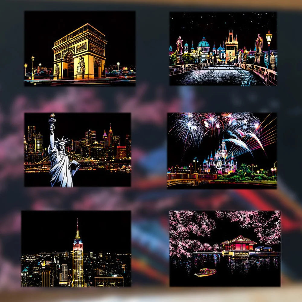 DIY Scratch Art Postcards A5 (20 x 14 cm | 7.9 x 5.5 in) 4‑Pack Night Scene Rainbow Scratch‑Off Sheets with Bamboo Stylus — Kids & Adult Craft Gift