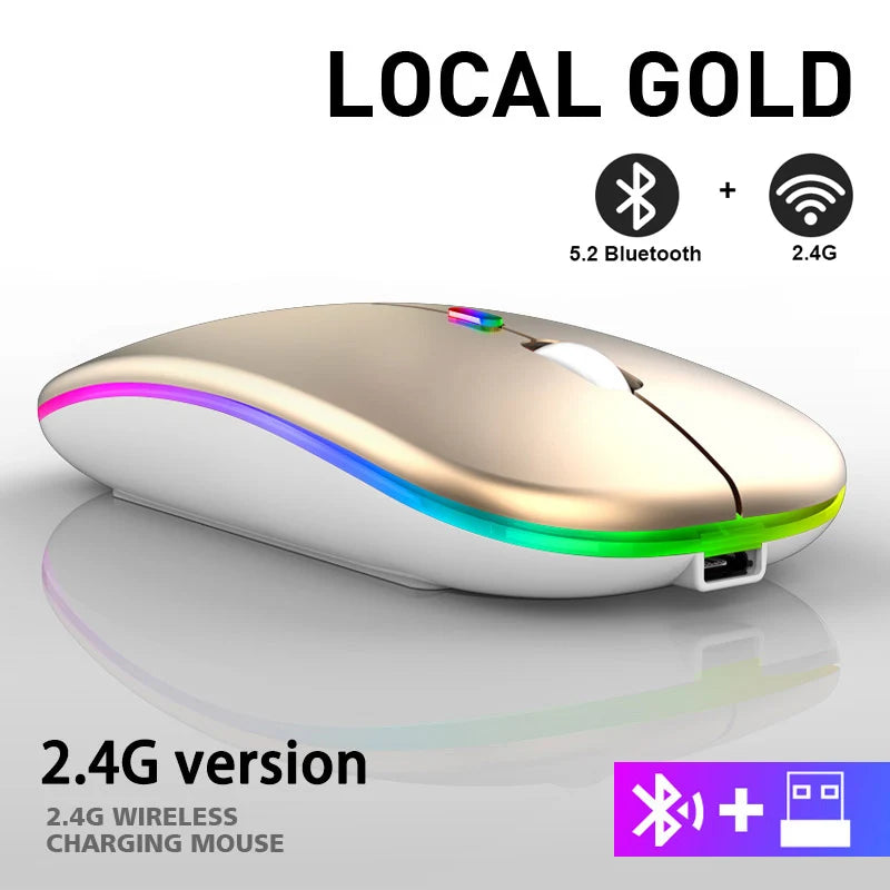 Rechargeable Dual-Mode Wireless Mouse — Bluetooth & 2.4GHz USB Receiver, RGB Backlight, 1600 DPI for Laptop PC MacBook Tablet