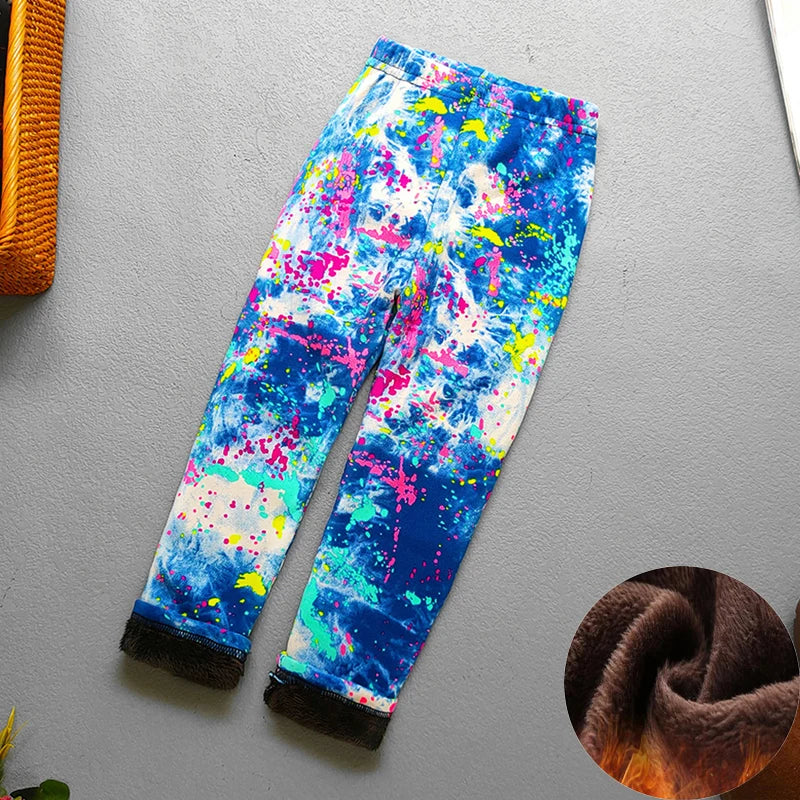 Kids Warm Fleece-Lined Cartoon Leggings Thick Plus Velvet Winter Pants Ages 4-6