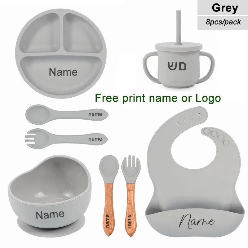 8-Piece Silicone Baby Feeding Set with Suction Plate, Bowl & Straw Cup — Personalized Kids Tableware, BPA-Free