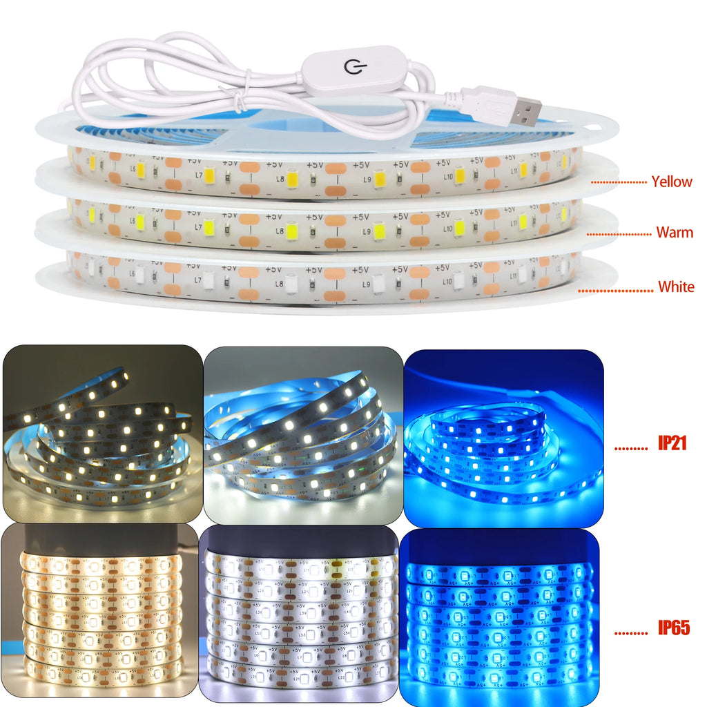 5V USB LED Strip Light 2835 SMD 60 LEDs/m Touch Dimmer Waterproof IP21/IP65 1m 3m 5m