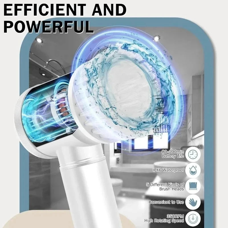 Cordless Electric Spin Scrubber – Rechargeable 5-in-1 Brush Heads for Bathroom, Kitchen, Tile, Grout & Car Cleaning