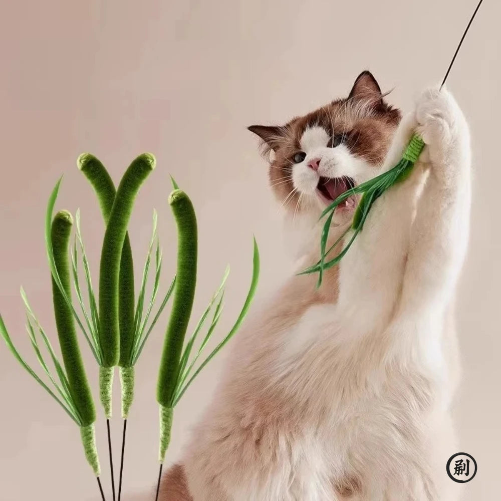 Interactive Feather Wand for Cats – 19.7 in (50 cm) Sage Tail Grass Teaser Stick, Bite-Resistant Sound Toy for Kittens