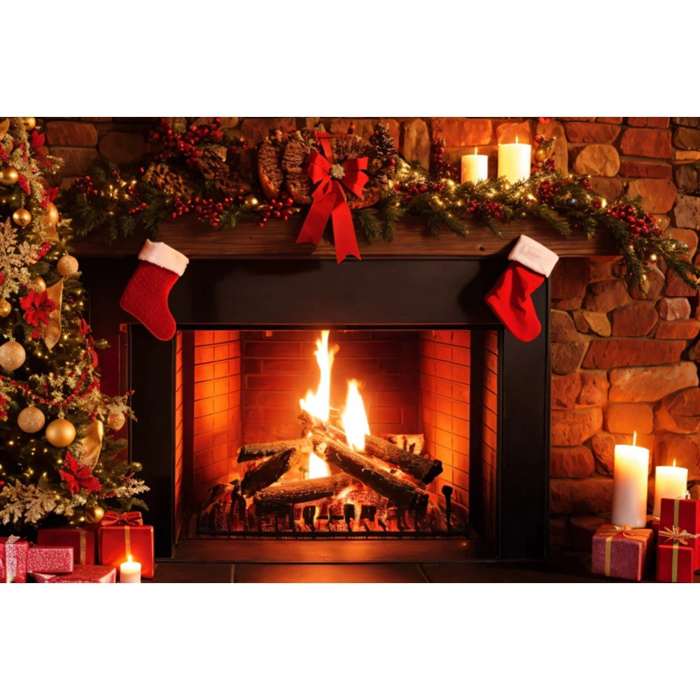 Christmas Fireplace Photography Backdrop - Burning Firewood Flame Brick Wall Photo Studio Background