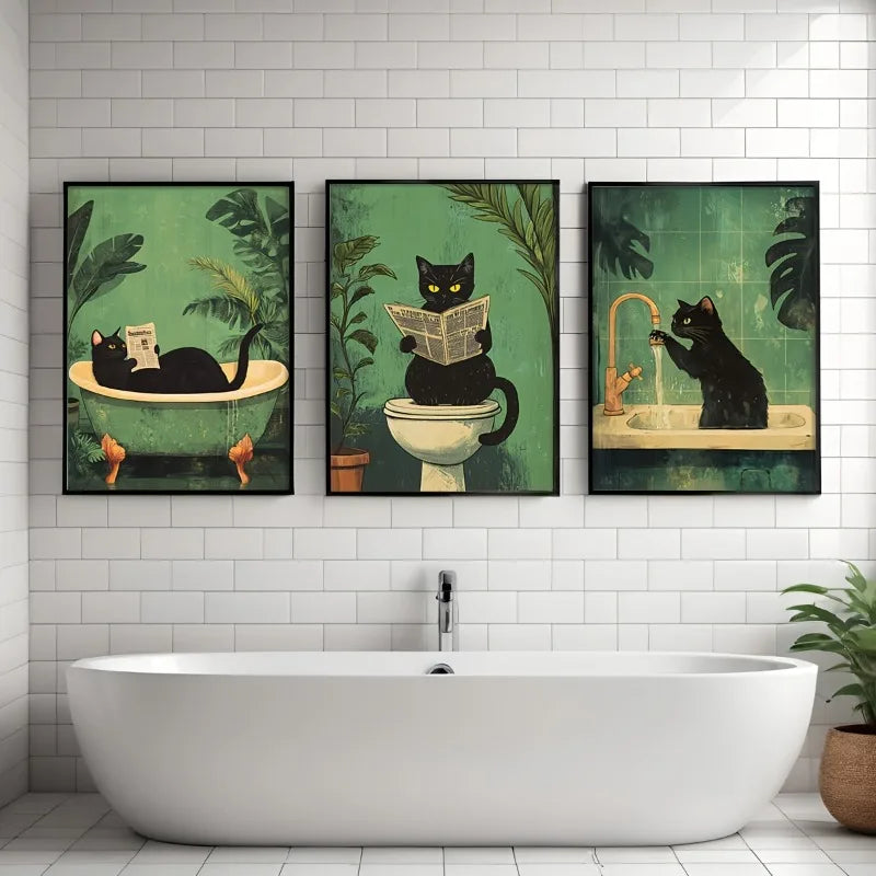 Set of 3 Funny Black Cat Canvas Prints - Vintage Animal Bathroom Wall Art Unframed