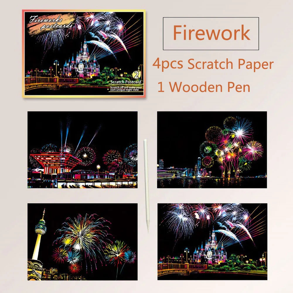 DIY Scratch Art Postcards A5 (20 x 14 cm | 7.9 x 5.5 in) 4‑Pack Night Scene Rainbow Scratch‑Off Sheets with Bamboo Stylus — Kids & Adult Craft Gift
