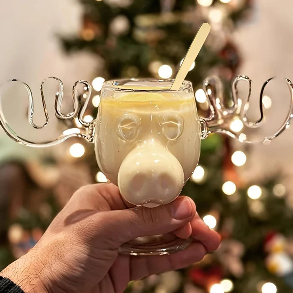 Christmas Moose Glass Mug 8oz (240ml) Reindeer Head Holiday Drinkware 1/2/3-Pack