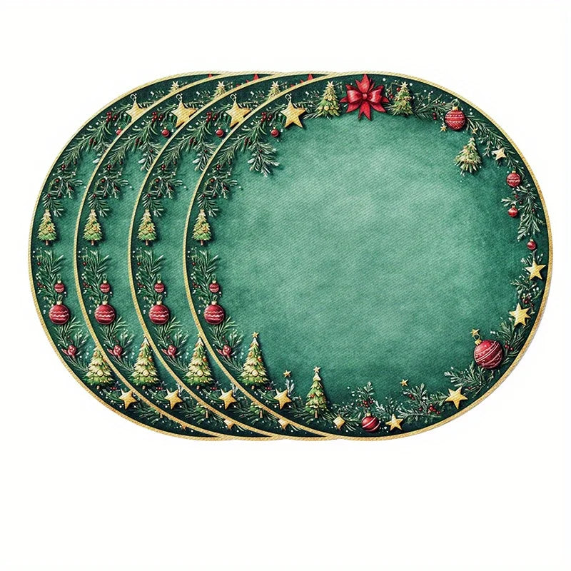 Christmas Placemats Set of 4 – 15 x 15 in (38 x 38 cm) Green & Gold Holiday Table Mats with Tree & Red Bow