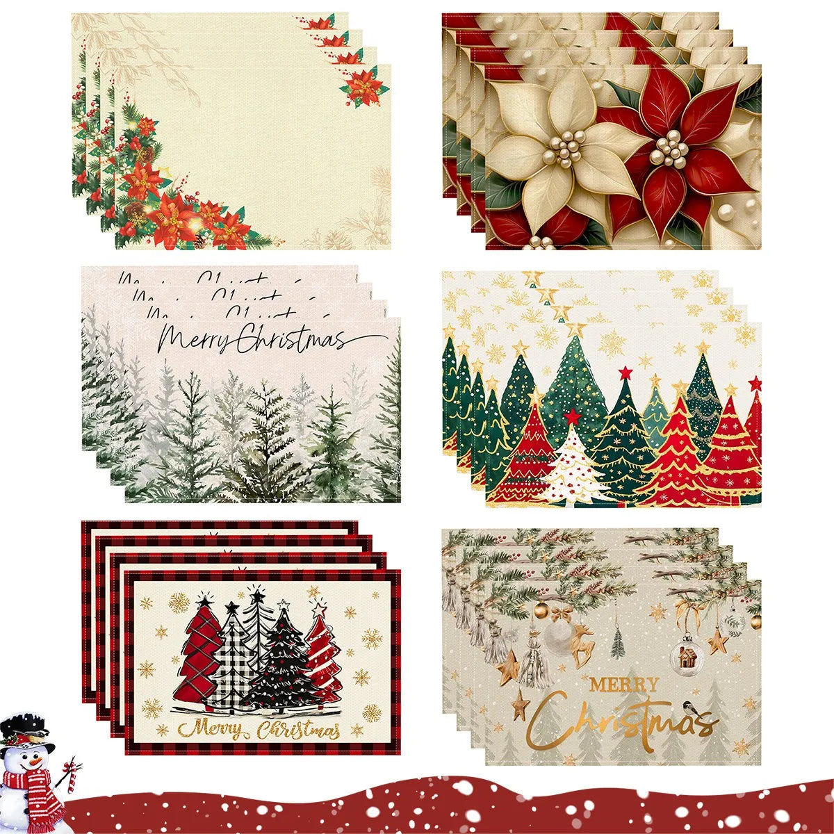 Linen Christmas Tree Placemats – Holiday Rectangle Table Mats for Kitchen & Dining, Navidad Noel