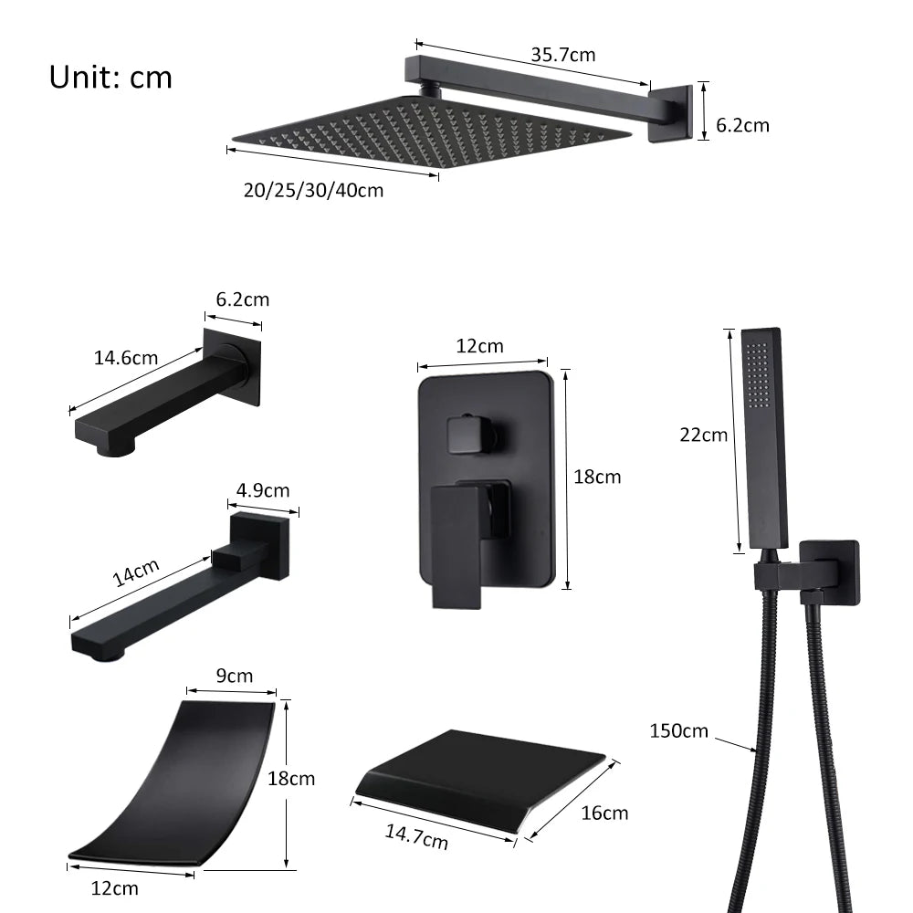 Matte Black Concealed In-Wall Rainfall Shower System with Tub Spout - Wall-Mount Mixer Faucet Set